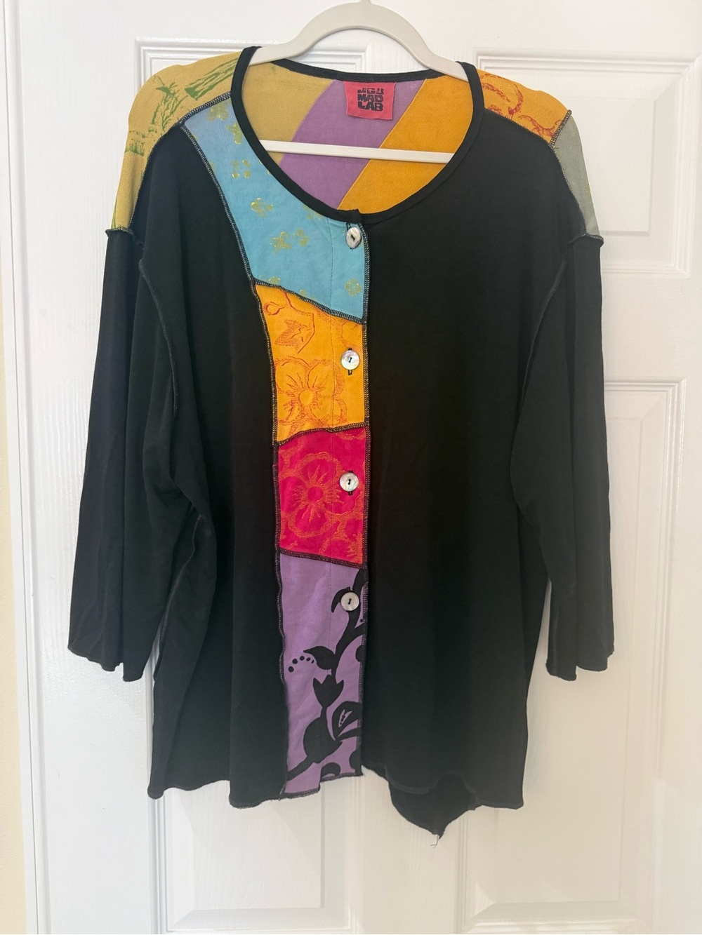 Vintage JG’S Mad Lab Patchwork Accent Black Button-Front Top